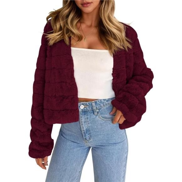 Womens Cropped Faux Fur Jackets Burgundy - Picture 1 of 4